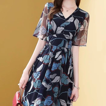 

Runway Designer New Bohemian Print Flowers Sexy V-Neck Stitching Elegant Slim Fit Women Dress Spring / Summer New High Quality