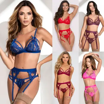 

3pcs Women Sexy Lingerie Set Lace Garter Stocking Clip Exotic Bandage Nightwear Sheer Underwear G-string Transparent Babydolls