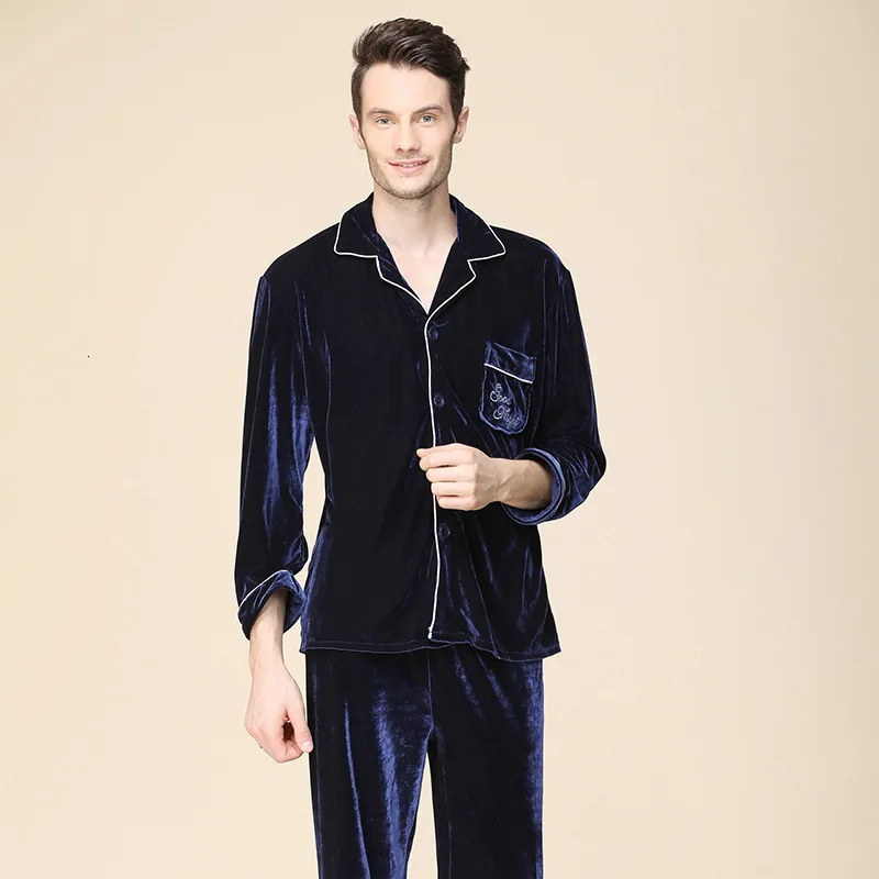 Пижамный комплект для мужчин и женщин, с длинным рукавом, Осень-зима, для влюбленных пар, золотой бархат, одежда для сна, топ и штаны, костюм, комплект, домашняя одежда - Цвет: Blue male