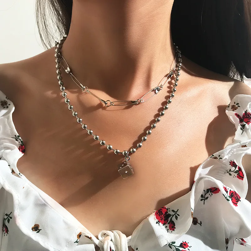 Fashion Punk Safety Pin Chain Short Chokers Hiphop Kolye For Women Trendy Beads Geometric Cube Pendant Necklaces Bijoux | Украшения и