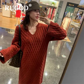 

RUGOD Diomand Pattern Korean Knitted Maxi Dress Solid Full Sleeves Top For Women Casual Retro Ladies Dresses Simplee Apparel
