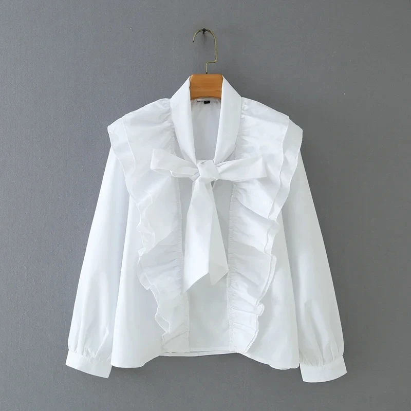 Loose Tops Smock White Shirt Blouse Casual Long-Sleeve Ruffle V-Neck Blusas Women Lady