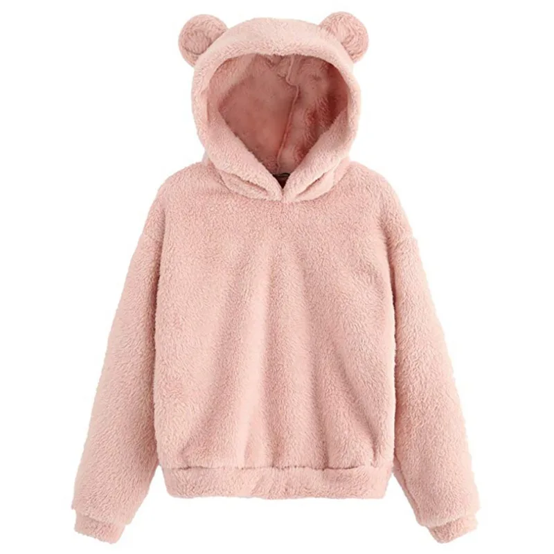 Зима осень женские Милые мишки уши Тедди толстовка с изображением мишек длинный рукав однотонный флис теплый с капюшоном для девочек пуловеры