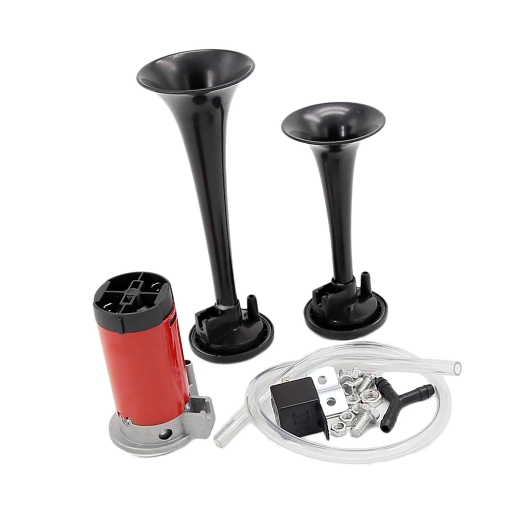 12V Dual Trumpet Air Horn - Premium Quality Stainless Steel Super Loud Powerful Train Car Van Truck Boat Air Horn - Black