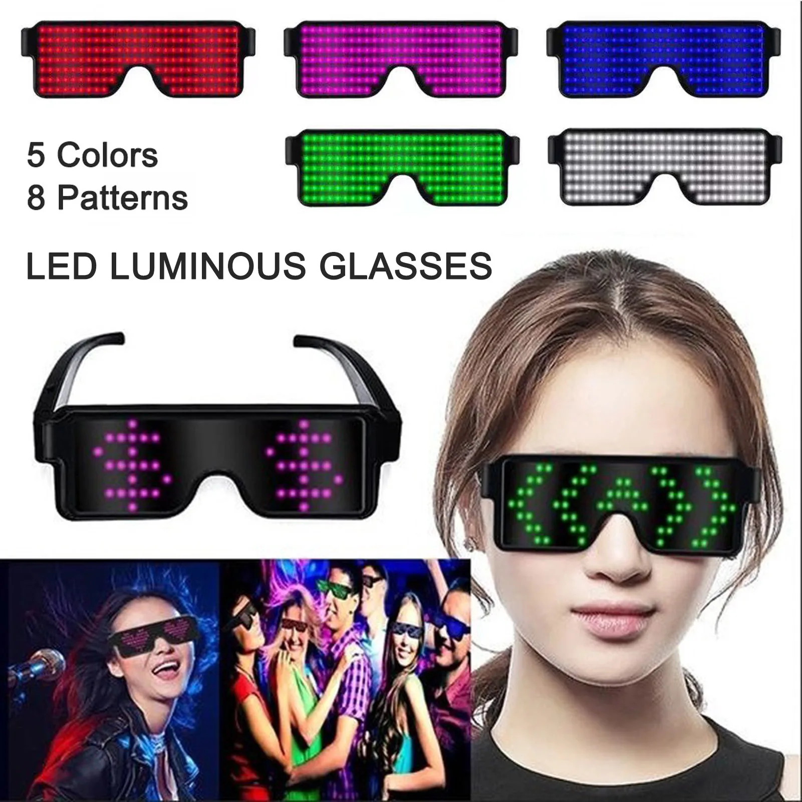 Parties Halloween Nightclub Christmas Customizable LED Glasses Light Up USB Rechargeable 8 Patterns LED Luminous Glasses for Raves Green 