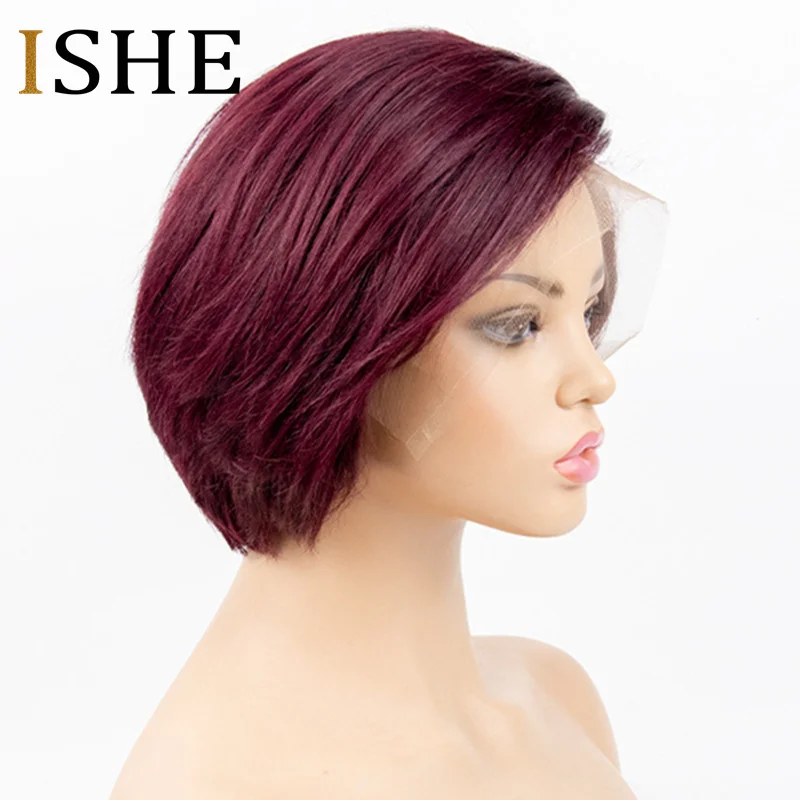 Блонд, причёска Боб с прямыми волосами, парики без клея, Pixie Cut 13x6, боковая часть, кружевные передние человеческие волосы, Короткие парики, черный, красный, remy волосы для женщин - Цвет: # 99J