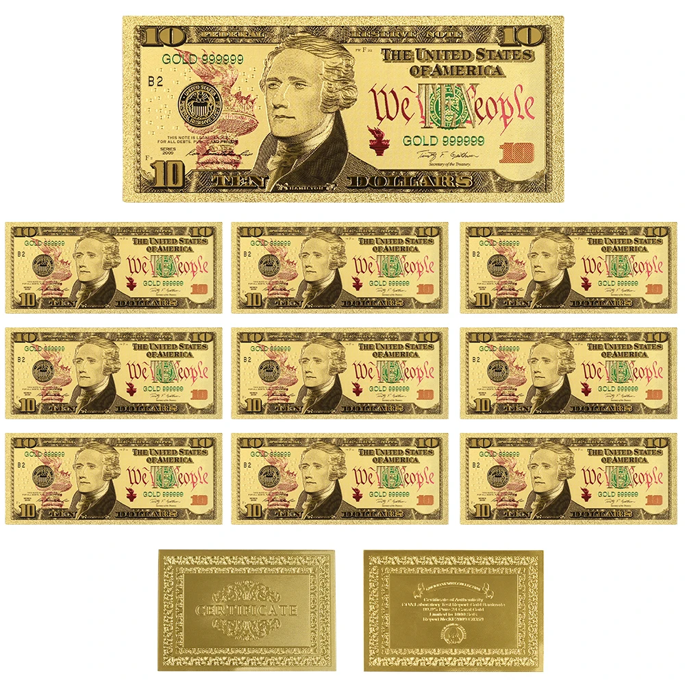 Американская 10 долларовая Золотая банкнота 24 к позолоченные поддельные деньги Коллекционная 9999999 удачная Золотая фольга художественная коллекция - Цвет: style 15