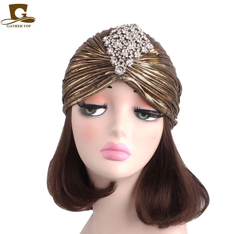 Shinny Rhinestone Diamante Jewelry Metallic Ruffle Turban Hat Head Wrap