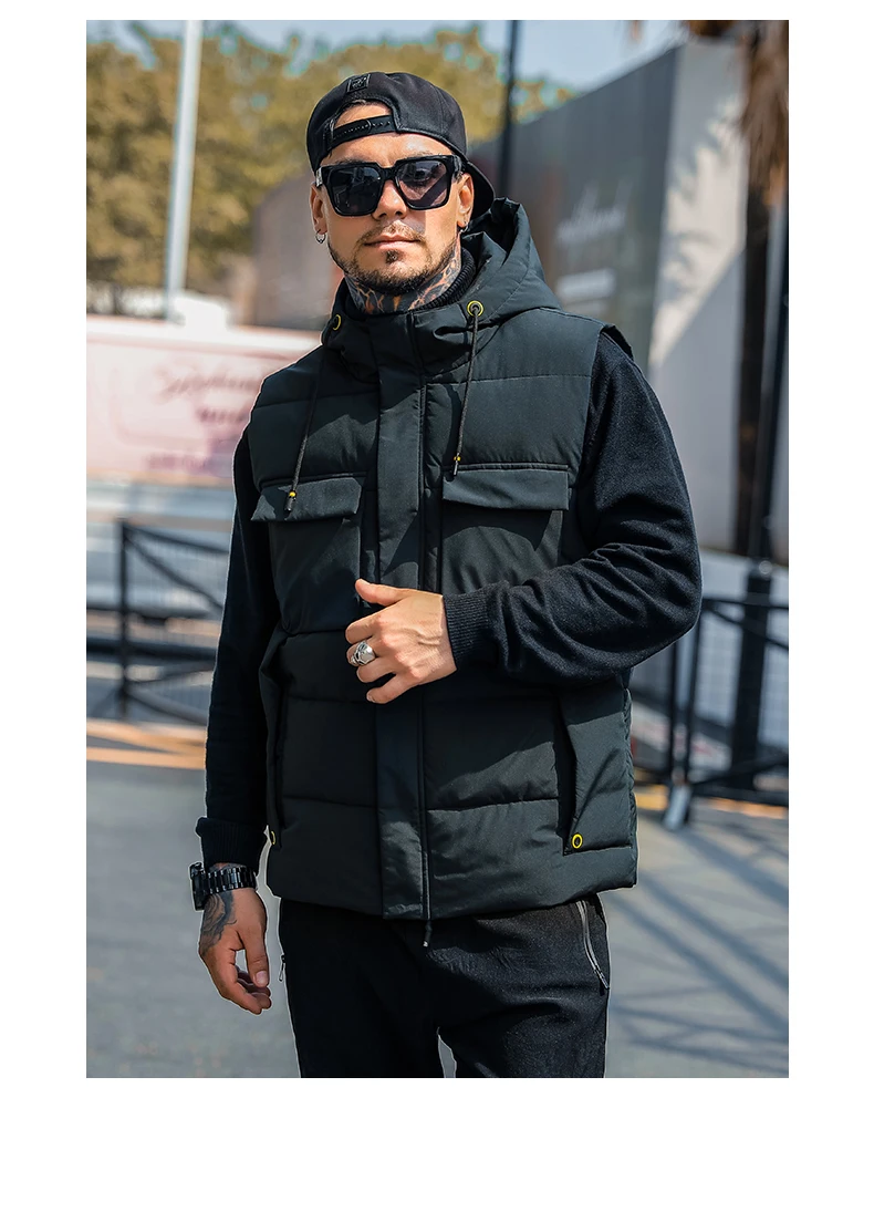 FAXIKA Tide of men's large size men's cotton vest qiu dong with fertilizer increasing patch pocket hooded vest coat