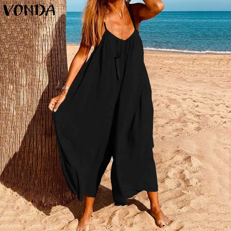 

VONDA Rompers Women Jumpsuits 2019 Summer Sexy Sleeveless Playsuits Ankle-Length Wide Leg Pants Plus Size Casual Solid Overalls