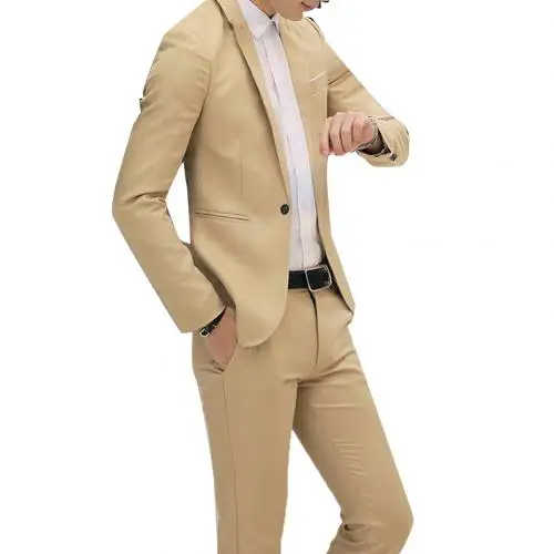 2 шт., офисный деловой мужской однотонный блейзер с отворотом и длинным рукавом, качественный костюм для мужчин, деловой, вечерний - Цвет: Хаки