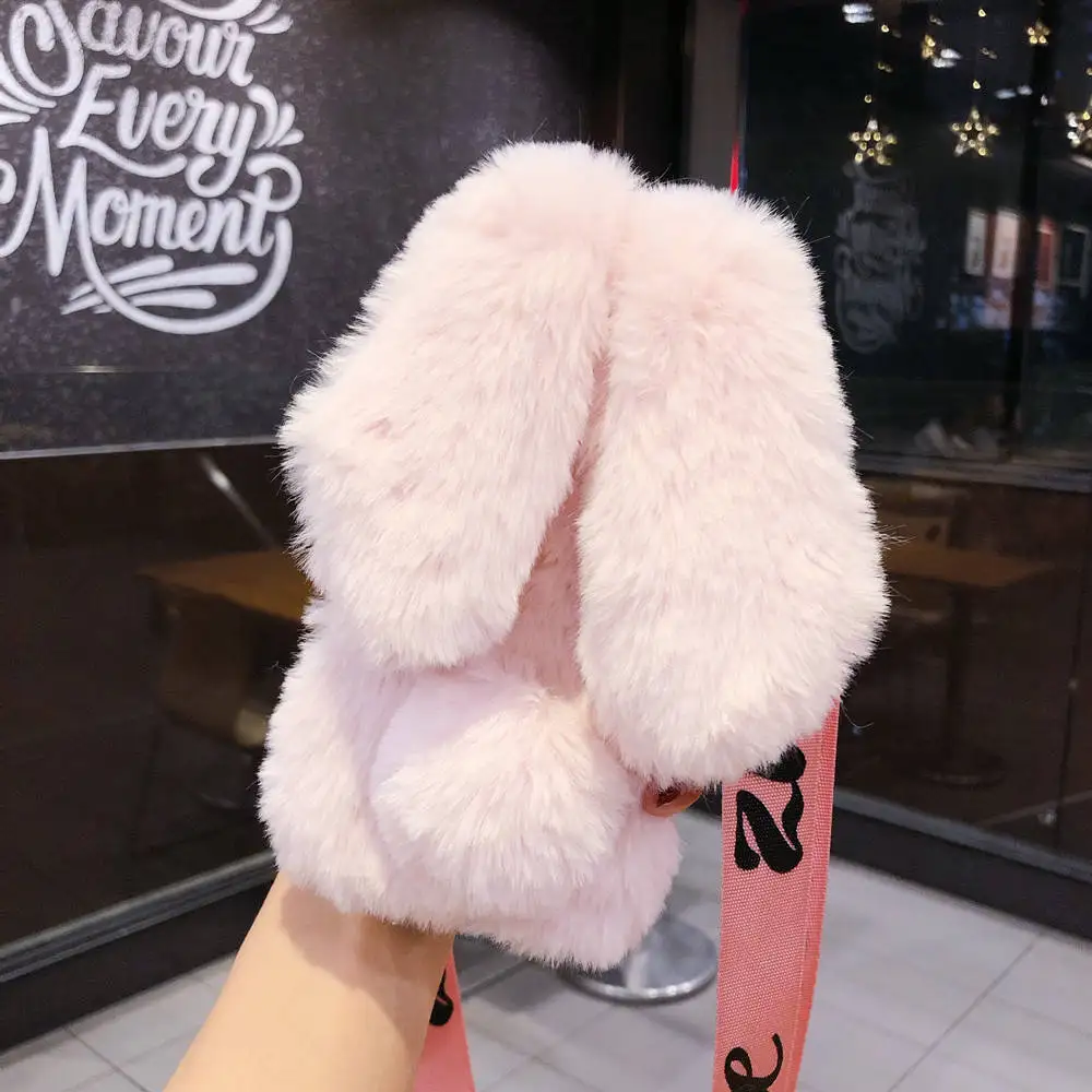 Shoulder Strap Case for Huawei Y9S Y9A Y9 Prime 2019 Y7P 2020 Y7 Pro 2018 Y8P Y8S Neck Lanyard Fluffy Rabbit Plush Fur Cover Huawei dustproof case Cases For Huawei