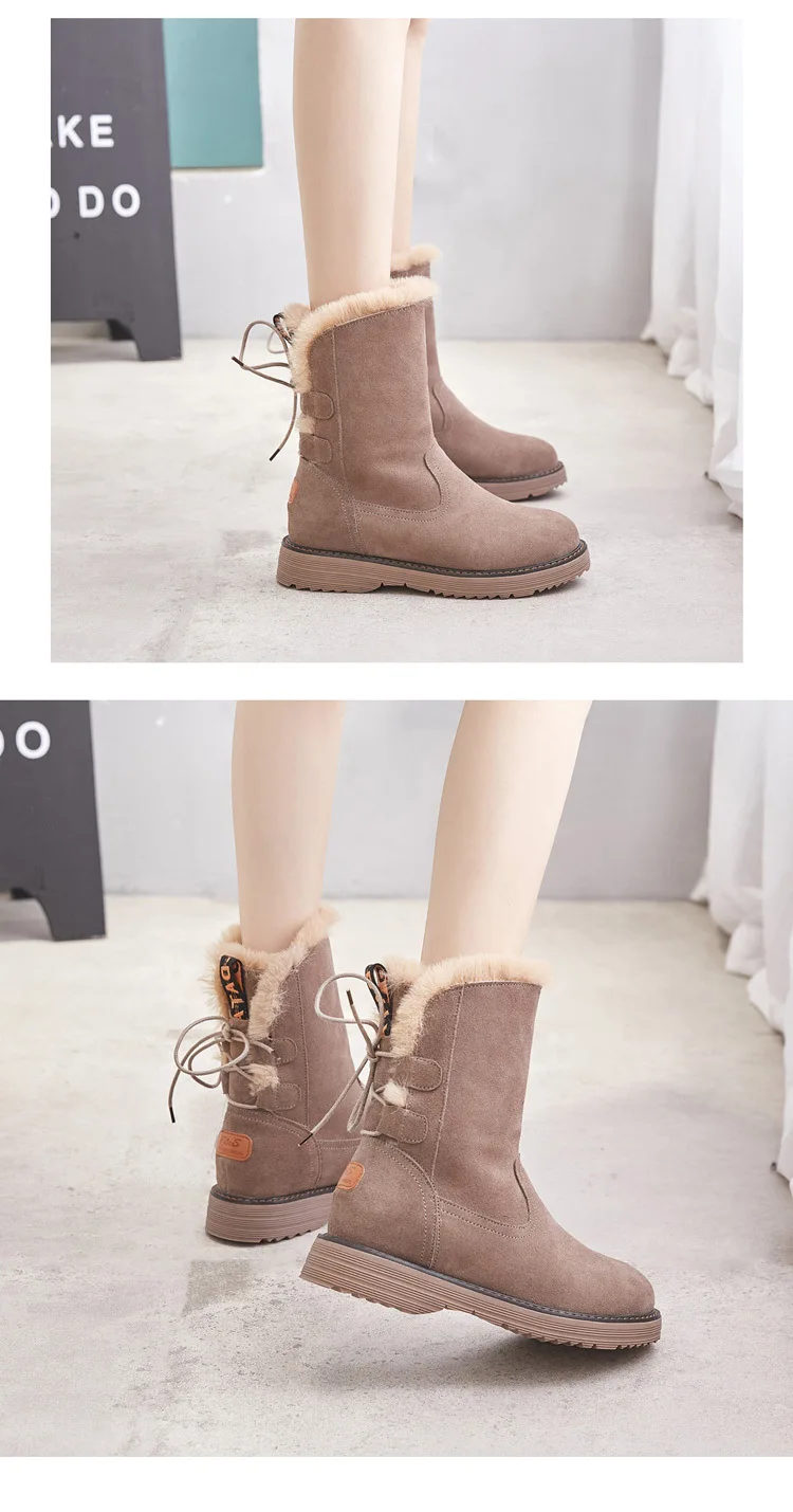 Winter Leather Warm Snow Shoes Women Boots mid-calf Plush Fur Velvet Boots Female shoes Booties Woman Footwear y190