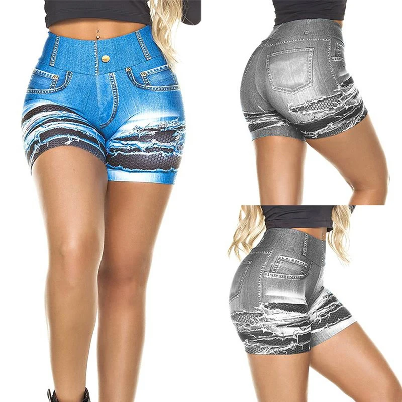 Summer Workout Booty Hollow Out Hole Patchwork Mesh Shorts Women Sexy Elastic Waist Booty Shorts High Waist Jean Shorts