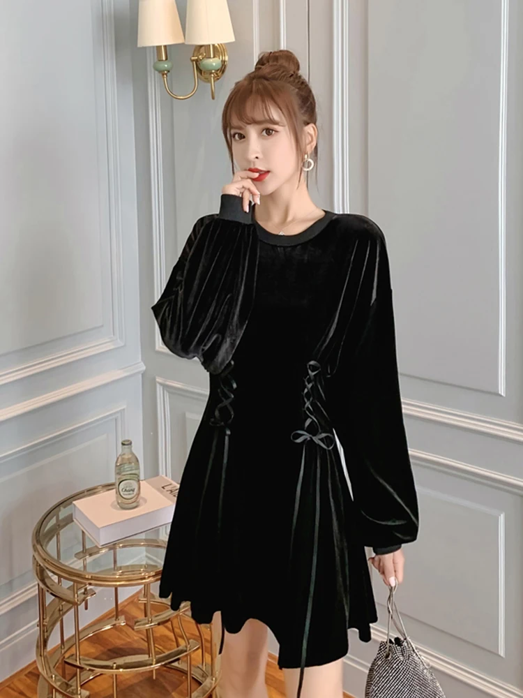 Женское бархатное платье с длинным рукавом летучая мышь готическое мини круглым