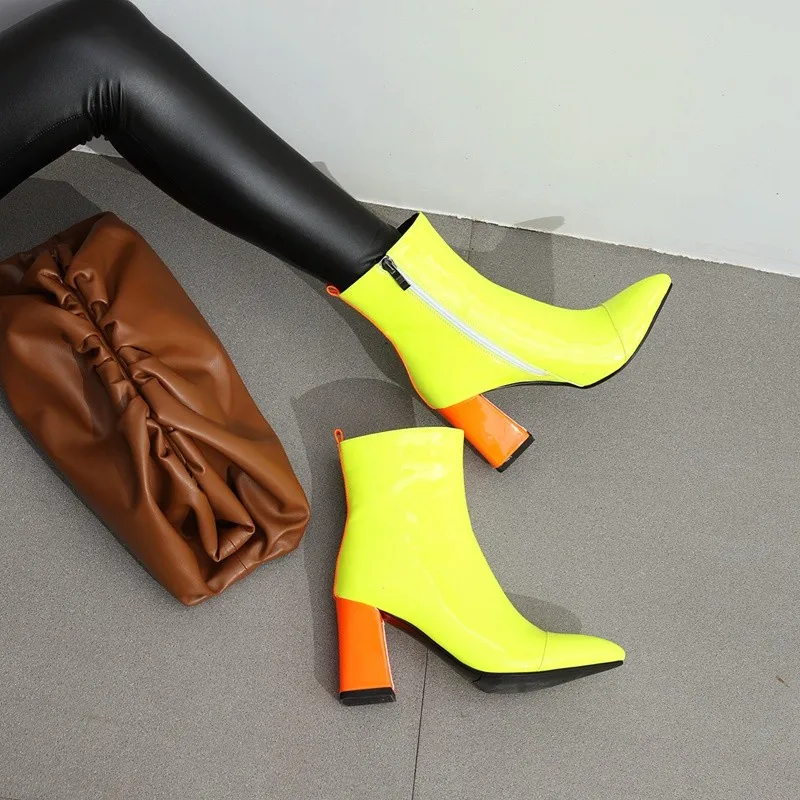 Sexy Nightclub pole dance women's shoes winter 2020 new patent leather pointed toe high heels yellow calf boots plus size 45 46