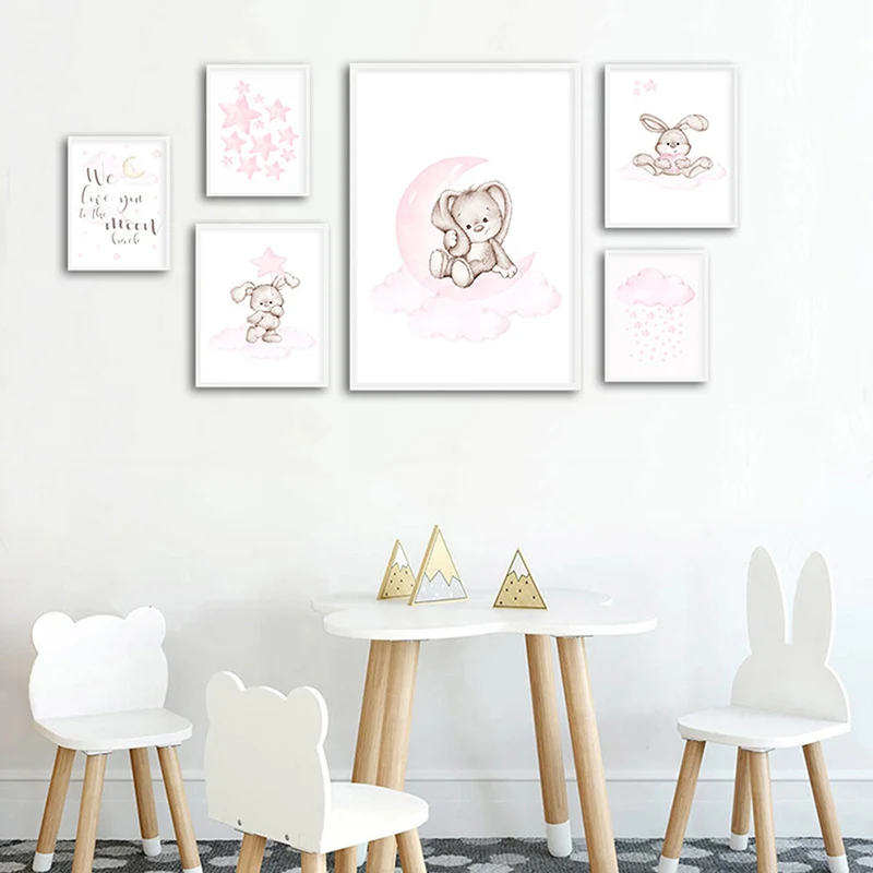 Детская настенная живопись садик Холст плакат минималистичный Кролик Луна печать розовый мультфильм живопись нордический ребенок девочка декоративный постер для комнаты