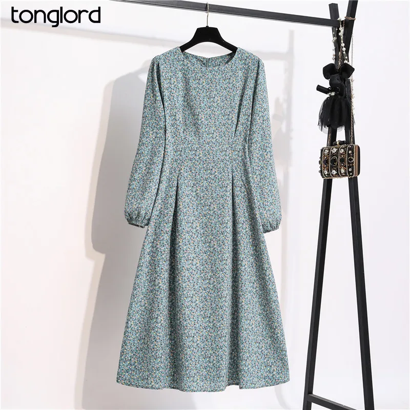 Tonglord 2020 New Floral Printed Chiffon Dress Women Autumn Spring Long-sleeved O-Neck High Waist Long Dresses Female Vestidos
