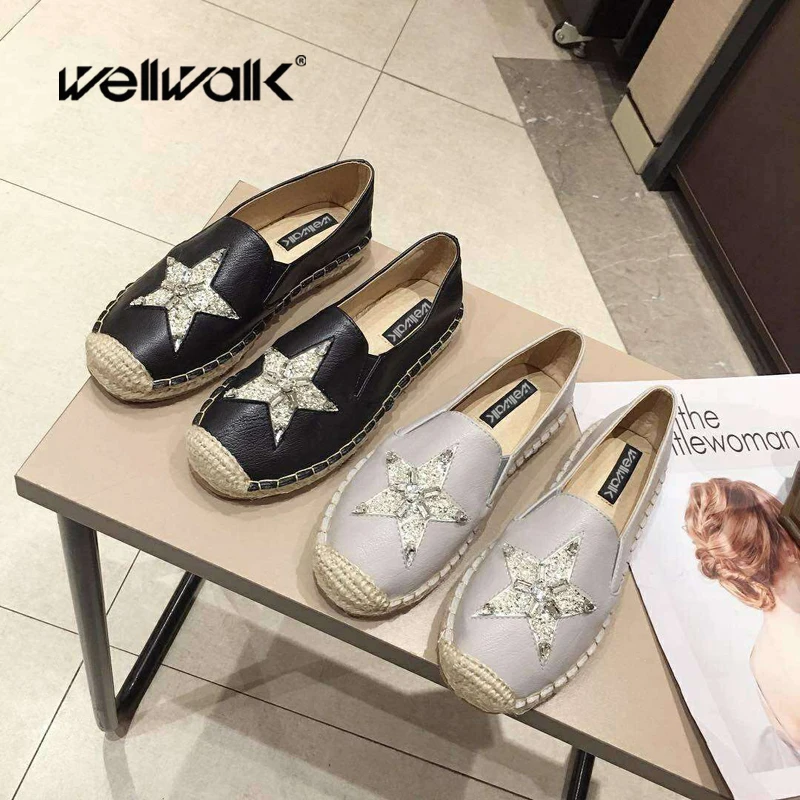Wellwalk/эспадрильи; женские водонепроницаемые мокасины; обувь с вышивкой в виде звезд и кристаллов; женская обувь на плоской подошве в стиле дерби; женская обувь на толстой мягкой подошве; подошва из пеньки
