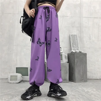 

Fashion High Waist Loose Jogger Hip Hop Purple Butterfly Print Sweatpants Unisex Korean Streetwear Harajuku Workout Sport Track