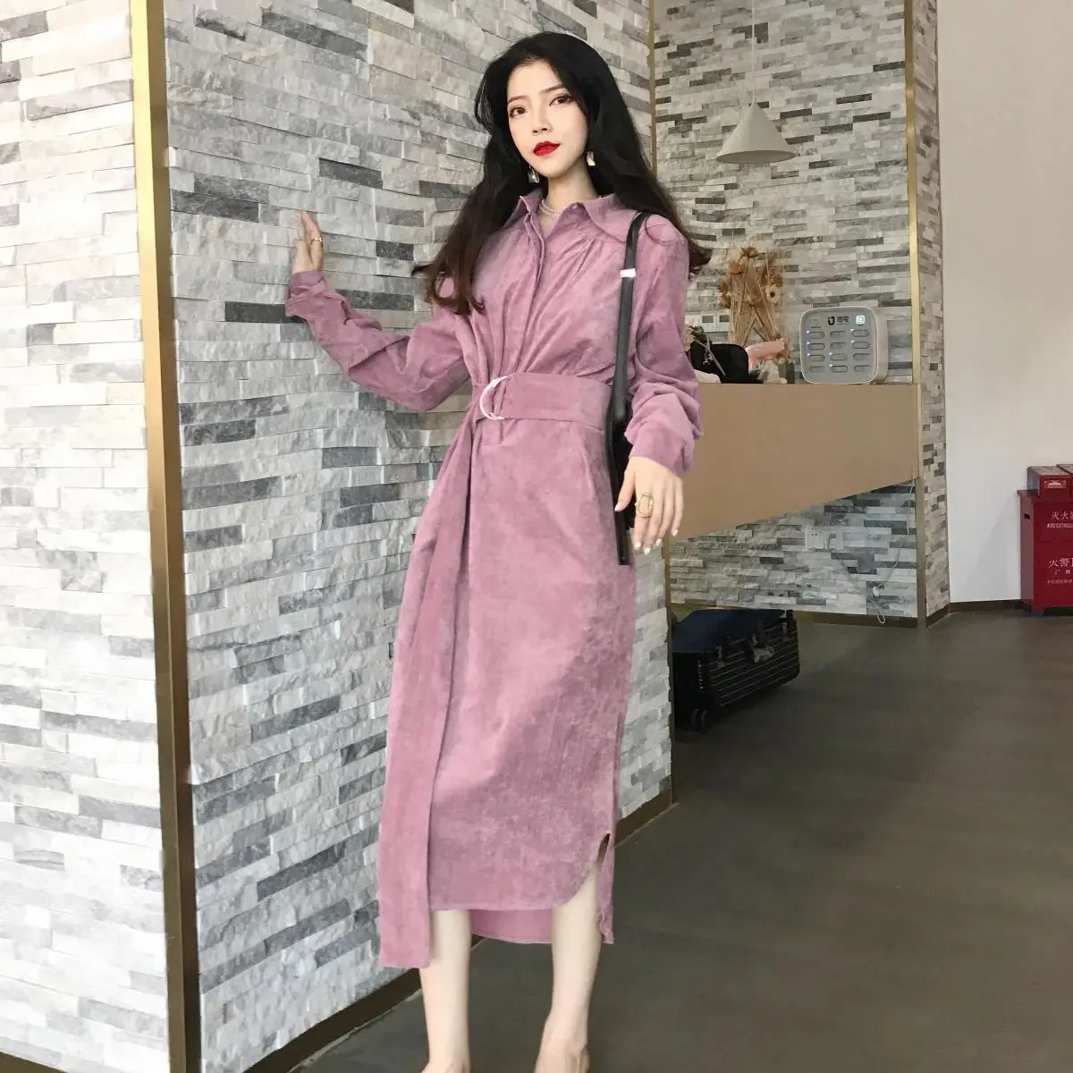 Neploe женское элегантное вельветовое платье с пряжкой и поясом, с отложным воротником и разрезом средней длины, корейское ретро Тонкое зимнее Vestidos 55004