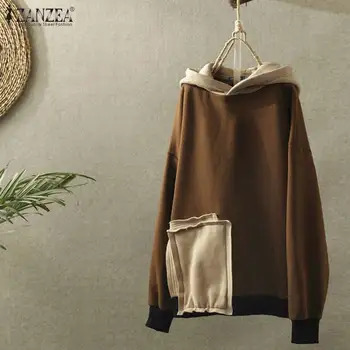 

ZANZEA Women Hoodies Sweatshirt Autumn Vintage Long Sleeve Pullover Casual Hooded Tops Loose Pacthwork Sweatshirts Robe Jumper