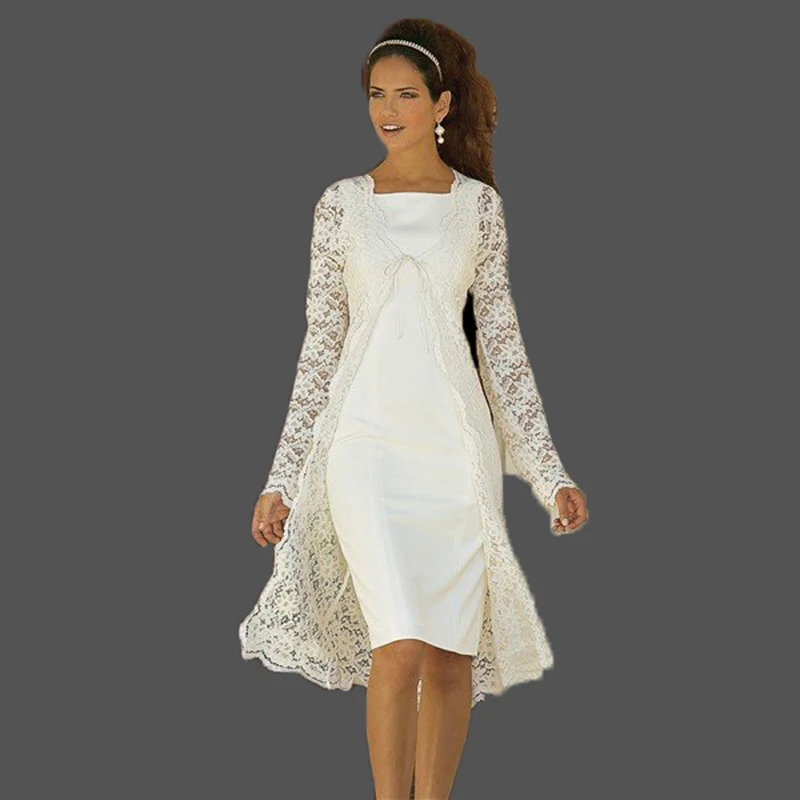

Charming Holy Two Pieces Mother Of The Bride Dresses with Long Sleeve Lace Jacket Mothers Dresses For Wedding Party Knee Length