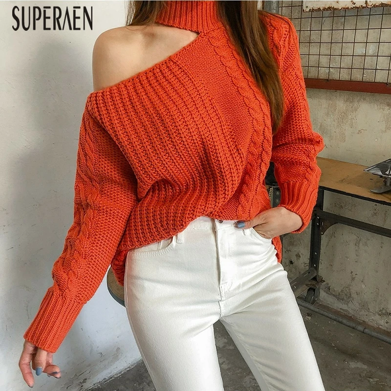 SuperAen, корейский стиль, пуловеры, свитера для женщин,, осень и зима, новинка, дикая мода, женские свитера с открытыми плечами, вязаные топы