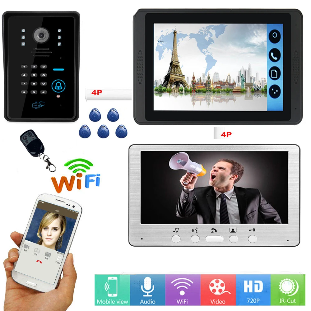 

SmartYIBA 7" WIFI RFID Remote Control Video Door Phone Intercom System Doorbell Kit+ Electric Strike Lock Wireless APP Unlock