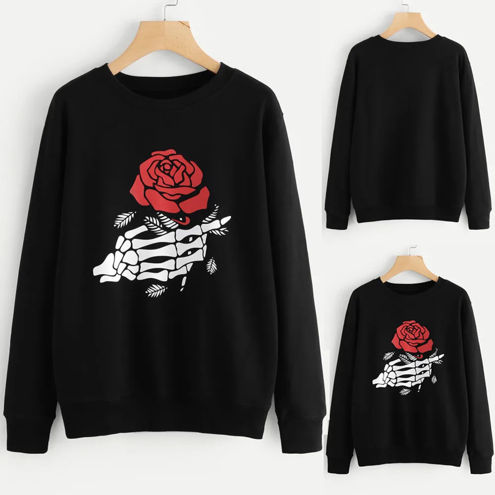 JAYCOSIN black round neck ghost claw rose print long-sleeved sweatshirt pullover casual hooded sweatshirt cool black street beat
