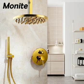 

Monite Ceiling Rainfall Golden Plated Shower Faucet Set Bathroom Wall Mounted Shower Mixer Tap Round Hand Shower Set