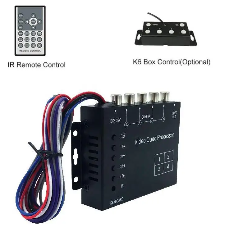 Портативный Мини CCTV Quad сплиттер автомобиля Камера процессор Системы 4 канала Цвет видео процессор с пультом дистанционного управления Управление RCA адаптер - Название цвета: IRremoteK6