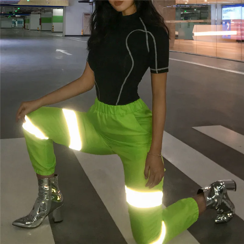 MEIYANGYOUNG флуоресцентные зеленые Лоскутные Светоотражающие штаны Новое поступление женские брюки модные брюки с высокой талией спортивные штаны
