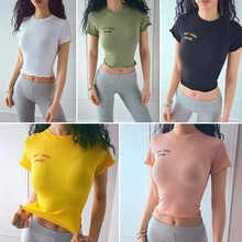 Новая спортивная одежда быстросохнущая дышащая Футболка женская Беговая одежда для фитнеса и йоги открытый пупок рубашка с короткими рукавами