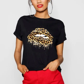 

Mujer Ulzzang Lady Leopard Print Lips Makeup T Shirt Women Summer Short Sleeve Tee Shirt Tops Funny T-Shirts Cotton Camiseta