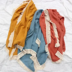 Muslin Cotton Baby Blanket Soft Cloths for Newborn Discharge Tassels Swaddle Wrap Solid Color 2 Layers Towel Gauze Photo Shoot
