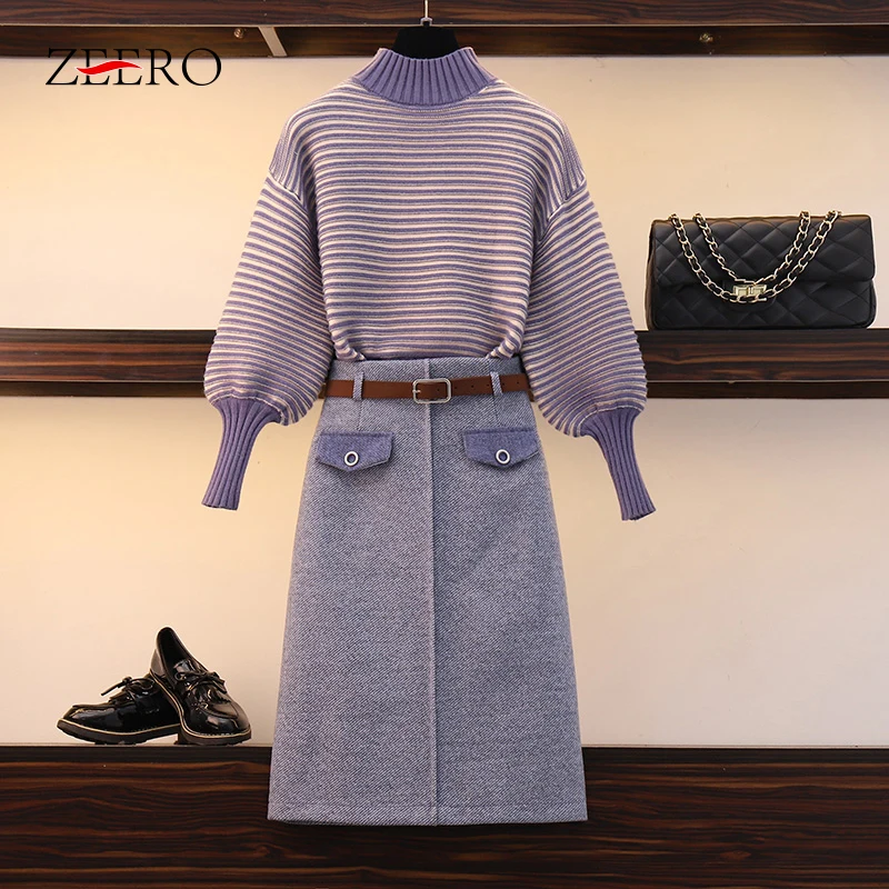 

New 2019 Autumn Women Outfits Winter Knitted Two Piece Set Lantern Turtlneck Stripe Pullover Sweater + Midi Wool Skirt Sets Suit