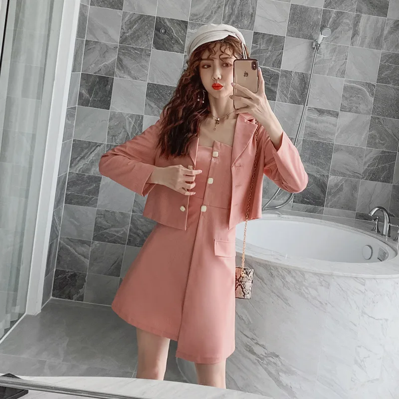 

Set 2019 Autumn New Products Debutante Long Sleeve WOMEN'S Coat + Elegant Slim Fit Strapped Dress Two-Piece Set