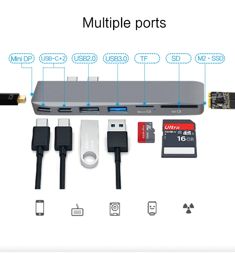 Ajiuyu USB 3,1 USB-C концентратор Мини DP адаптер 4K Thunderbolt 3 USB C с TF SD считыватель SSD слот PD для MacBook Pro/Air док-порт