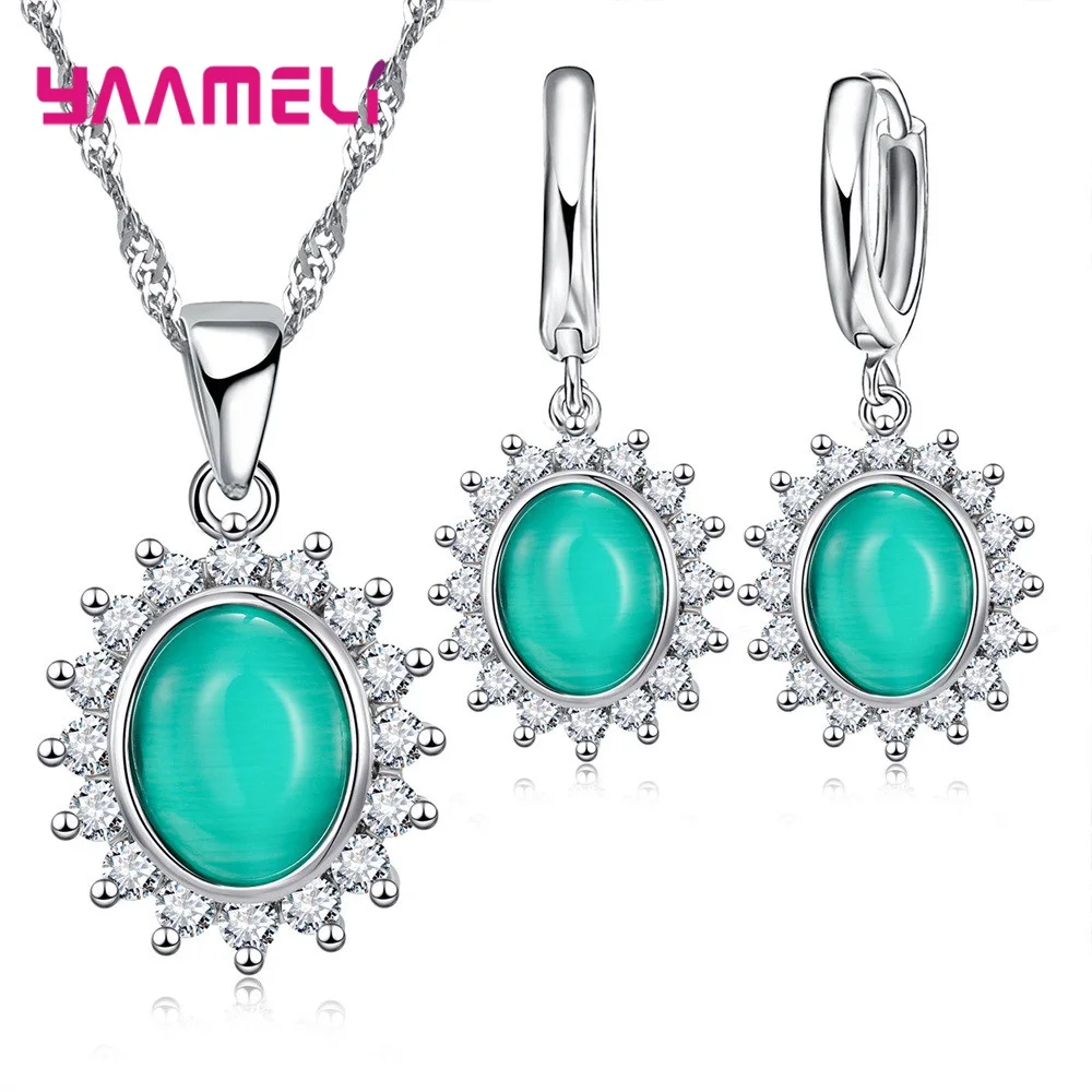 Summer Sale 925 Sterling Silver Oval Cat's Eye Opal Gemtone Necklace Earrings Jewelry Sets Brilliant Cubic Zircon Flower Pendant 