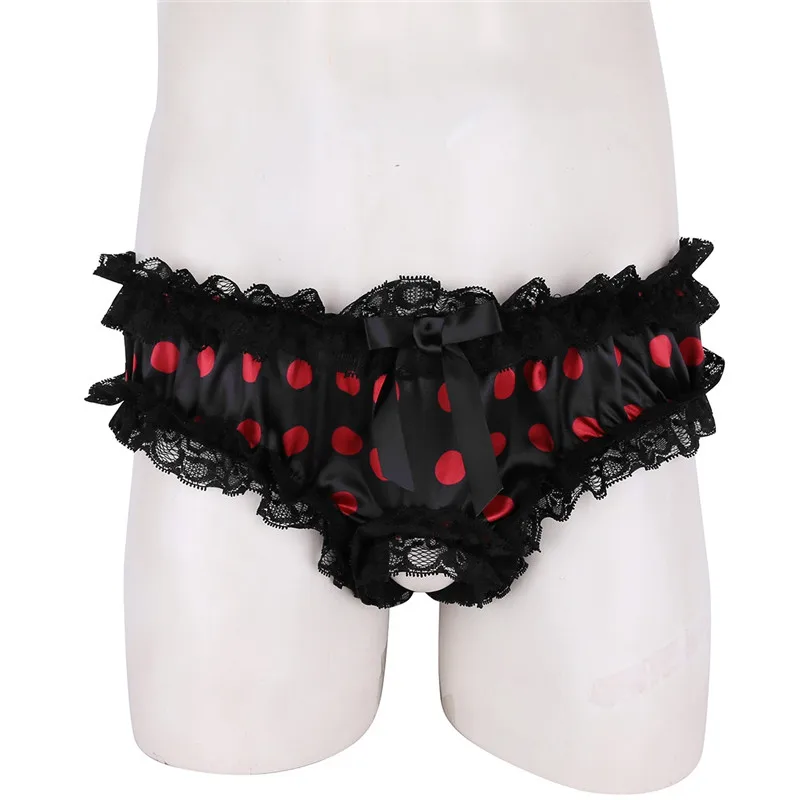 Мужское нижнее белье Sissy, мягкие блестящие гофрированные кружевные трусики в горошек, трусы с открытой промежностью, нижнее белье, мужские сексуальные трусы