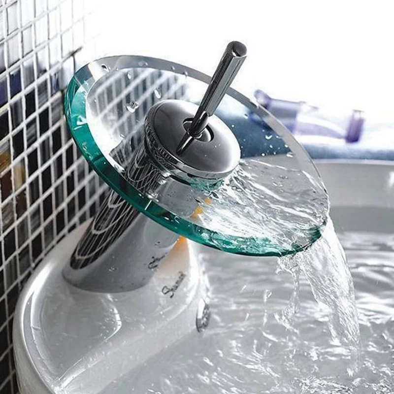 Bathroom Waterfall Basin Sink Mixer Tap Faucet Polished Glass Edge Faucet Tap with Water Inlet Pipe