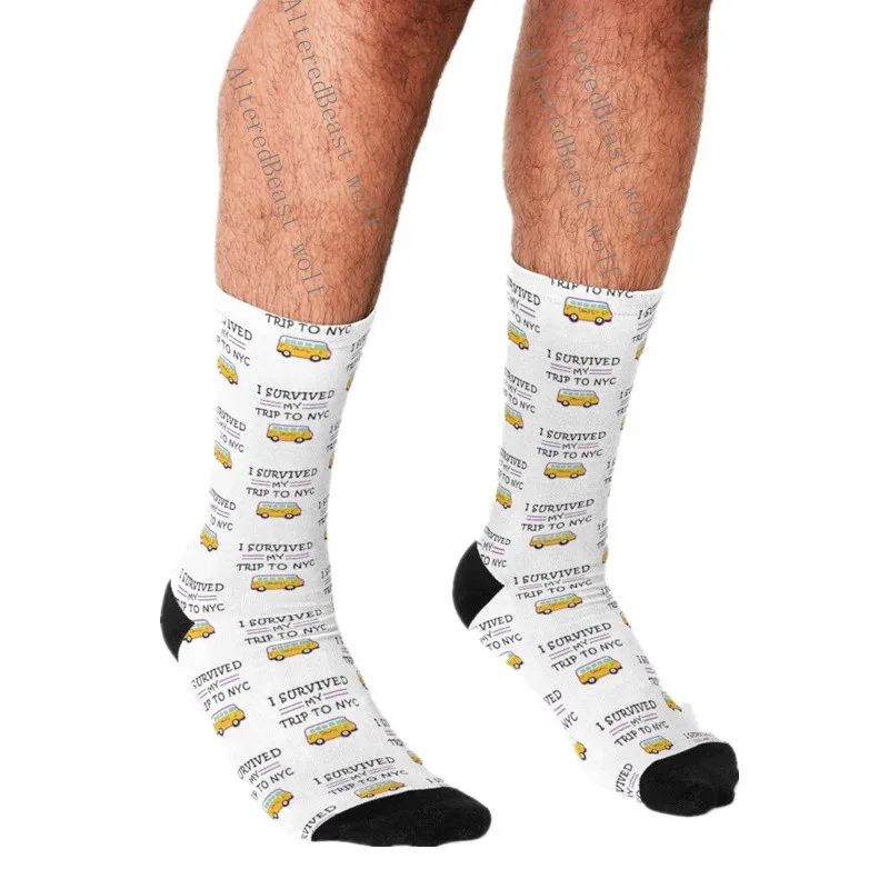 Fashion Funny Mens Socks Hip Hop Harajuku Kawaii Cartoon I Survived My Trip to NYC Happy Novelty Casual Socks Gifts for Men