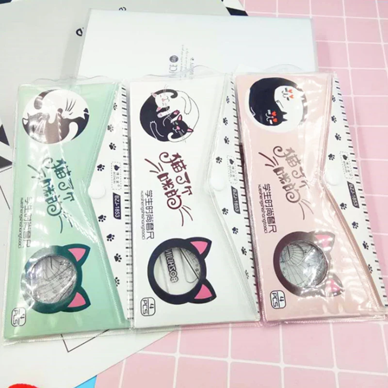 

10packs/lot 18cm Transparent Set Ruler Creative Learning Stationery Four Pieces Ruler Set With Cat Has A Microphone Stationery