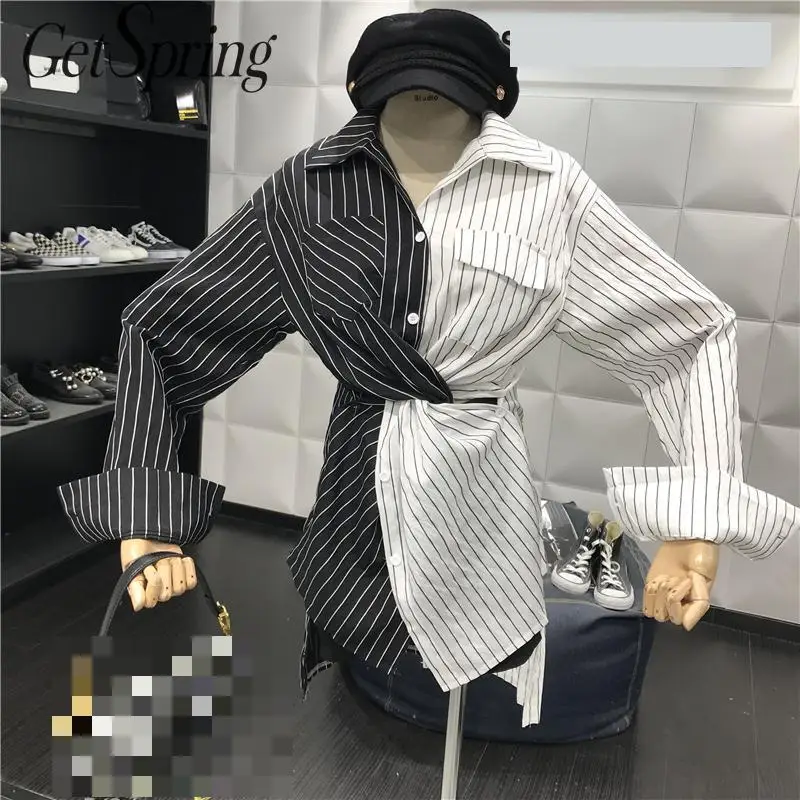 

GetSpring Women Blouse Long Sleeve Striped Women Shirt Patchwork Asymmetry Ladies Tops Loose Long Striped Shirt 2Ways Wearing