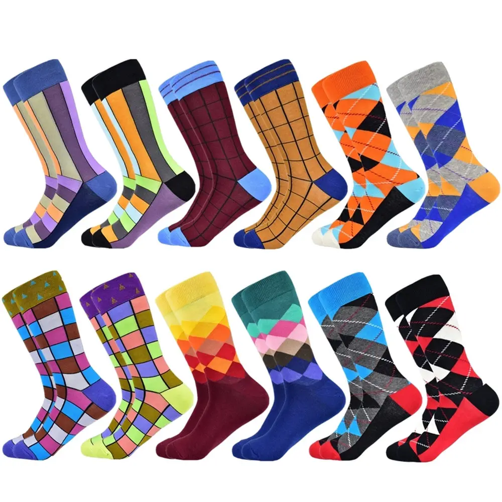 Популярные мужские носки из чесаного хлопка подарки для мужчин клетчатые геометрические повседневные мужские носки Цветные счастливые мужские носки