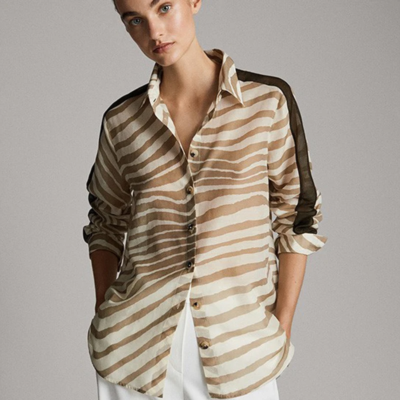 

RR Cotton Silk Blouses Women Fashion Striped Shirts Women Elegant Turn Down Collar Zebra Pattern Tops Female Ladies HP