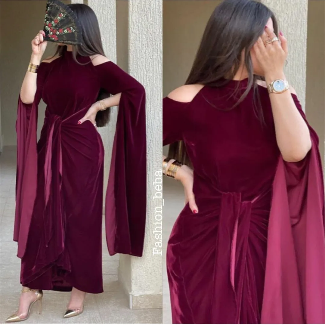 

Elegant Long High Neck Muslim Evening Dresses Pleated Velvet Ankle Length Formal Party Gown for Women