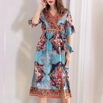 

Vintage Summer Real Silk Dress Women Spring Boho Floral Sexy V Neck Long Vestidos Elegant 100% Silk Beach Party Dresses YZ190002