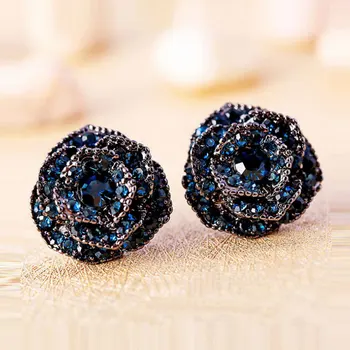 

Luxurious Blue Rhinestone Rose Flower Vintage Earrings Women Red Camellia Ear Stud Earring Chic Jewelry Wholesale